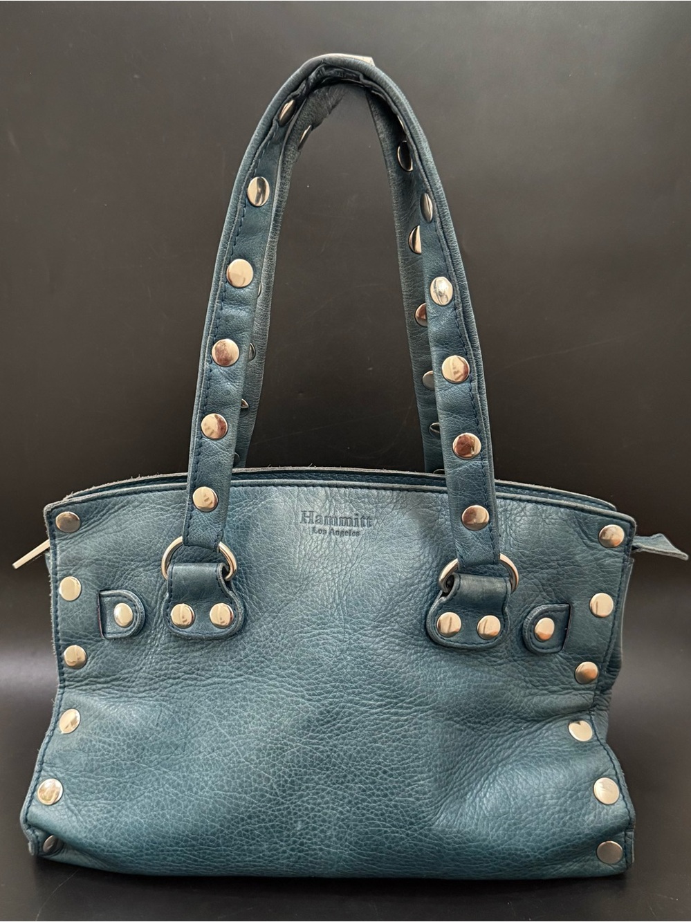Rare Retired HAMMITT Brentwood Teal Pebbled Leather Studded Tote Shoulder Bag